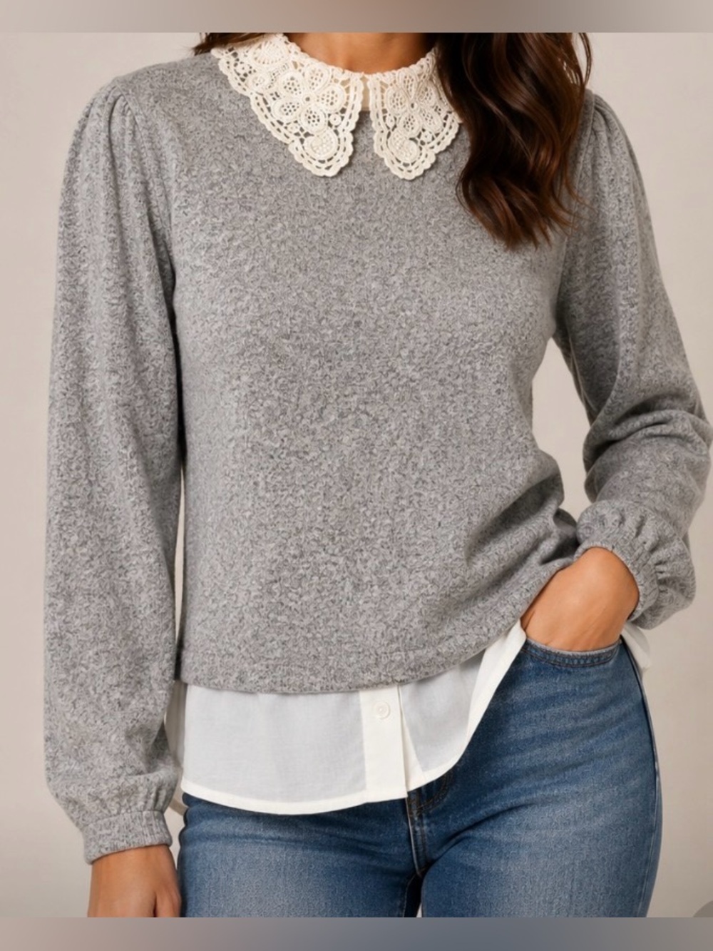🩶 Faith and Joy Gray Top with Crocheted Lace Collar and Keyhole Back Size Medium